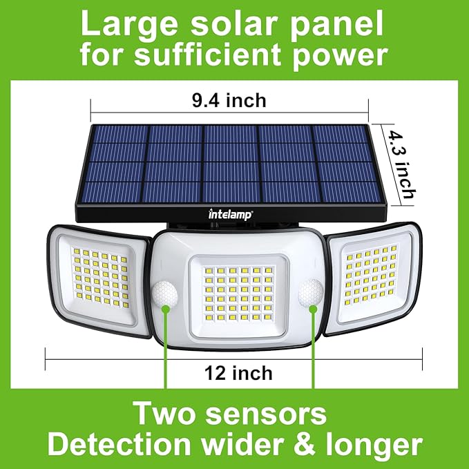 intelamp Solar Outdoor Lights 1200LM 6000mAh Security Lights with Remote Control,3 Heads Motion Sensor Light Outdoor, IP65 Waterproof,270° Wide Angle Flood Wall Lights with 4 Modes