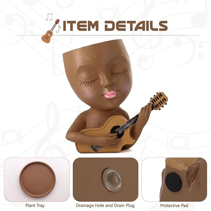 Face Planter Pot, Cute Girl Playing Guitar Head Planter for Indoor Plants, Unique Resin Succulent Pots with Drainage, Creative Music Lover Gifts for Guitarist Women Mom (Brown)