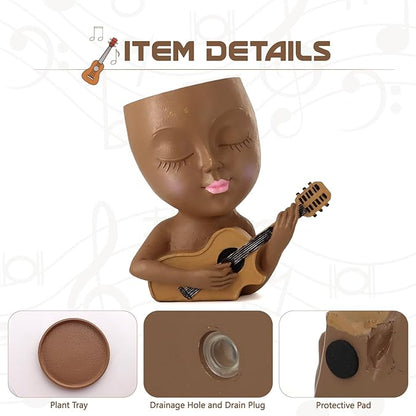 Face Planter Pot, Cute Girl Playing Guitar Head Planter for Indoor Plants, Unique Resin Succulent Pots with Drainage, Creative Music Lover Gifts for Guitarist Women Mom (Brown)