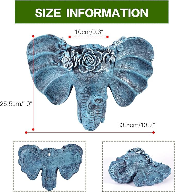 Sungmor Resin Elephant Head Wall Pot, Unique Bohemian Style Animal Face Planter, Vertical Hanging Plant Pot, Pretty Decorative Flower Pot for Indoor Outdoor Plants, for Gardening Lovers