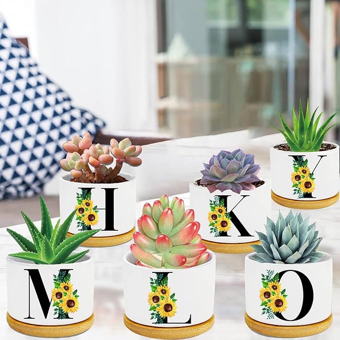 Sunflower Succulent Plant Pots 3 Inch Ceramic Cactus Flower Pots Personalized Initials A Sunflower Gifts for Women Mom Sister,Birthday Housewarming,Wedding,Window Garden Desk Decor