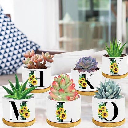 Sunflower Succulent Plant Pots 3 Inch Ceramic Cactus Flower Pots Personalized Initials T Sunflower Gifts for Women Mom Sister,Birthday Housewarming,Wedding,Window Garden Desk Decor