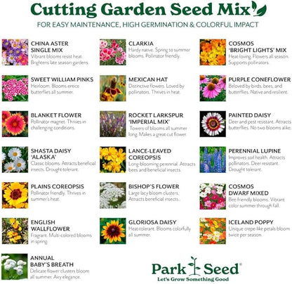 Park Seed Grow Your Own Vibrant Annual and Perennial Wildflower Garden Seeds Mixture, Easy to Grow Varieties for Pollinators and Spring Gardens - Cutting Garden Mix, 1/4 lb