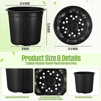 100 Pcs 2 Gallon Plant Nursery Pots Bulk Plastic Planter Flexible Flower Seedlings Pot with Drainage Hole Thickened Seed Starting Container for Flower Succulents Cuttings Transplanting