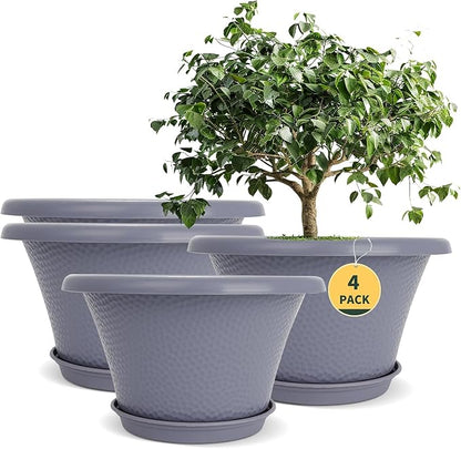 Quarut 12 Inch Large Planter Pot for Plants Indoor Outdoor, 4 Pack Plastic Flower Pots with Drainage Hole & Tray, Modern Decorative Garden Pot with Saucer, Plant Container for House Grey
