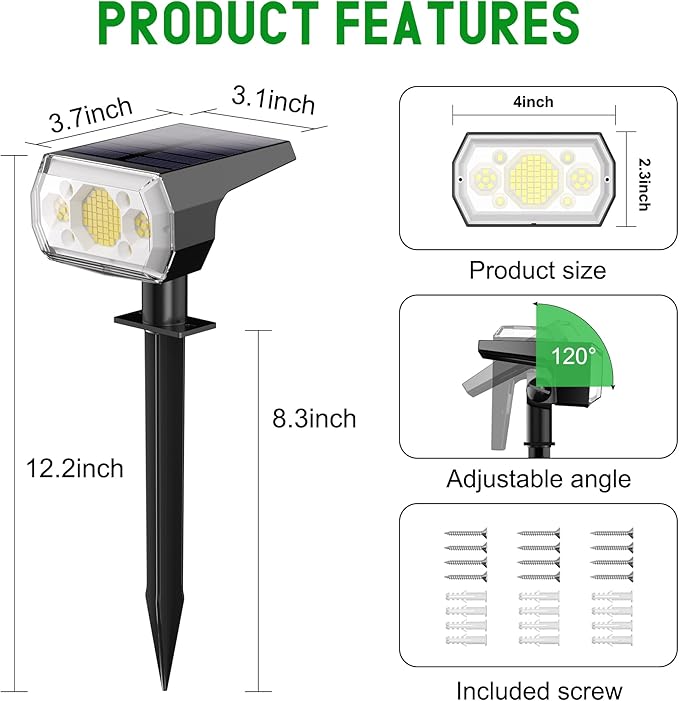 hyrion Solar Spot Lights Outdoor Waterproof, 64 LEDs Bright Solar Spotlights, 3 Lighting Modes Landscape Lights Dusk to Dawn for Outside Yard Tree Garden Pathway, Cool White, 2 Pack