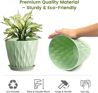 8 Inch Plant Pots, 4 Pack Plastic Planters for Indoor Outdoor with Drainage Holes & Saucers, Waffle Texture Flower Pots for Indoor Plants, Indoor Plant Pots for Monstera, Fiddle Leaf Fig, Green