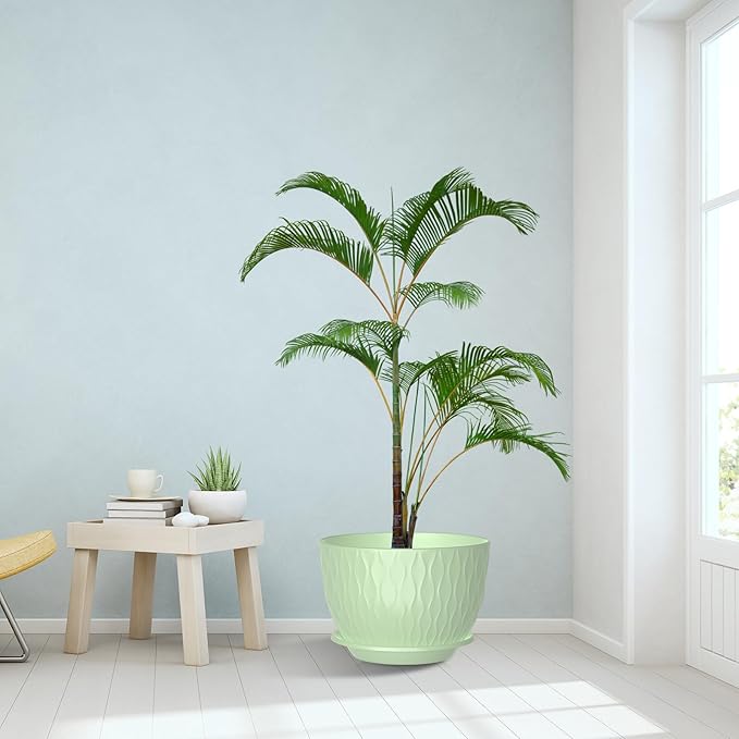 10 inch Large Plant Pots, Flower Pots with Multi-Mesh Drainage Holes and Saucer, Plastic Planters for Indoor and Outdoor Garden Plants (Green, 10")