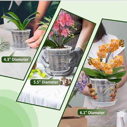 Orchid Pot with Saucers, 6 Packs of 6.1" Orchid Pots with Holes, Orchid Pots for Repotting, Plastic Orchid Planter for Indoor Outdoor Plants (6 Packs, 6.1" with Saucers)