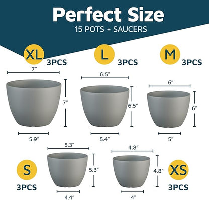 Gray Plant Pots with Drainage Holes & Saucers 15 Pack, Indoor & Outdoor Stackable Space-Saving Planters for Houseplants & Flowers, (7", 6.7", 6", 5.3", and 4.8" Inches), Durable & Weatherproof