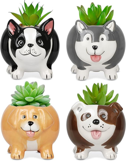 EFISPSS 4PCS Animal Succulent Plant Pots, Mini Doggy Shape Succulent Planter Pots with Drainage Hole, Ceramic Flower Pots for Home Decor and Office Desk Decoration
