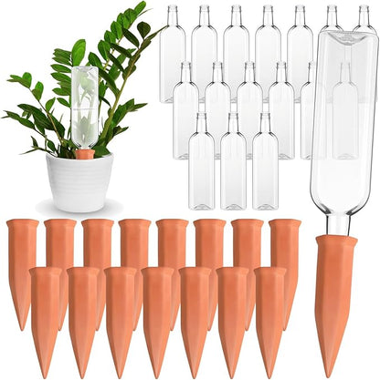 Dandat 32 Pcs 34oz Plant Watering Devices Include Terracotta Self Watering Spikes with 1000ml Plastic Bottles Slow Release Vacation Insert Automatic Plant Waterer Self Water Planter for Garden