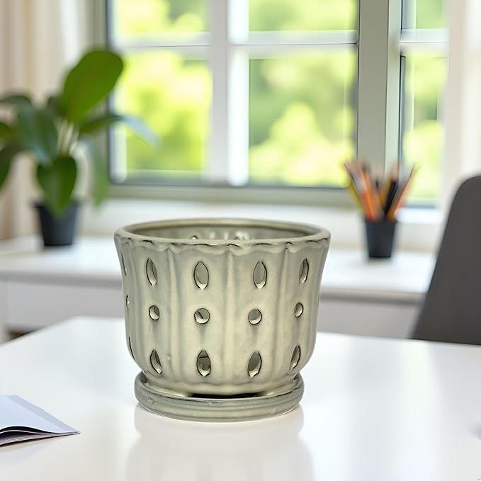 Ceramic Orchid Pot with Attached Saucer and Drainage Hole 6'' Orchid Planter (Cream)