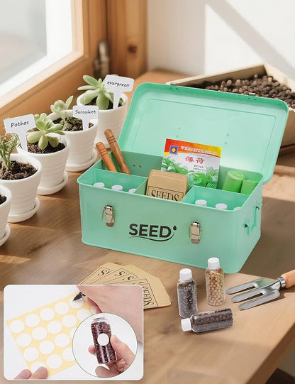 Seed Storage Organizer, Metal Seed Storage Box with Lid and Safety Locks, Seed Bin Packet Container with 12 Seed Bottles, 20 Seed Envelopes, Funnel, Marker Pen and Label Stickers