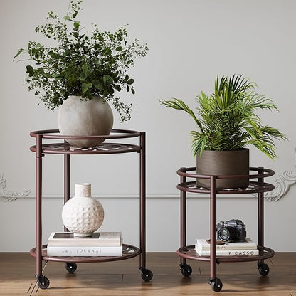 2 Tier Rolling Plant Stand with Wheels, Mid Century Modern Metal Stand for Planters, 2 Sizes 9 Inch & 11 Inch, Indoor Outdoor Movable Flower Pot Holder for Decor Home Garden Patio Load Bearing 165 LB 2 Pack Coffee