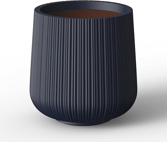 Kante 13.0" Dia Round Fluted Concrete Planter, Large Plant Pot with Drainage, Smooth Charcoal Finish with Painted Interior, for Indoor and Outdoor Use