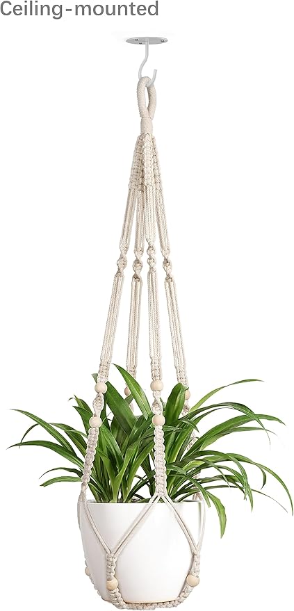 Mkono 43 Inch Macrame Plant Hanger and Ceiling Hooks, Extra Long Hanging Plant Holder No Tassels Hanging Planter Basket with Wood Beads for Indoor Outdoor Boho Home Decor, Ivory
