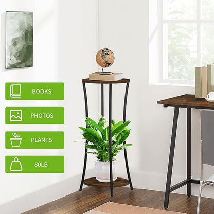 YINMIT Plant Stand Indoor,2 Tier Round Potted Holder Rack,Flower Pot Stand Shelf,Round Supports Rack,Corner Plant Shelf for Balcony Garden Patio Living Room,Brown