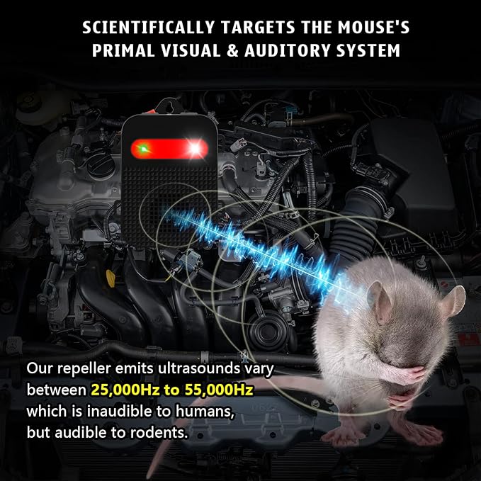Ultrasonic Rodent Repellent Under Hood Battery Operated Pest Repeller with Strobe Lights, Humane Mouse Deterrent for Car Engines, Garage – Prevents Nesting & Wire Damage, 1 Pack
