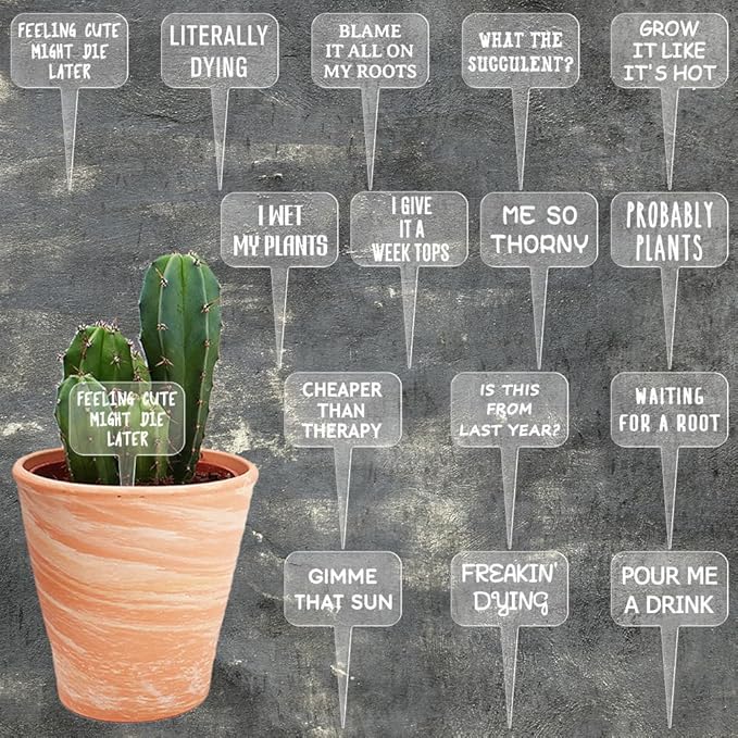arricraft 15 Pcs Clear T-Shaped Acrylic Plant Labels, Funny Text Phrase Theme Waterproof Garden Stake Labels for Indoor Outdoor Potted Plants Nursery Marker Decoration 4.01x2.68 inches