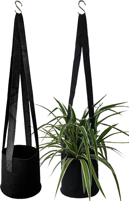 Dual-Use Felt Hanging Planter & Plant Hanger Set - 2 Pack 6.5 Inch with 2 Hooks, Breathable Hanging Planter Basket for Indoor/Outdoor, Balcony Planter for Succulent, Strawberry, Herbs, Orchids (Black)