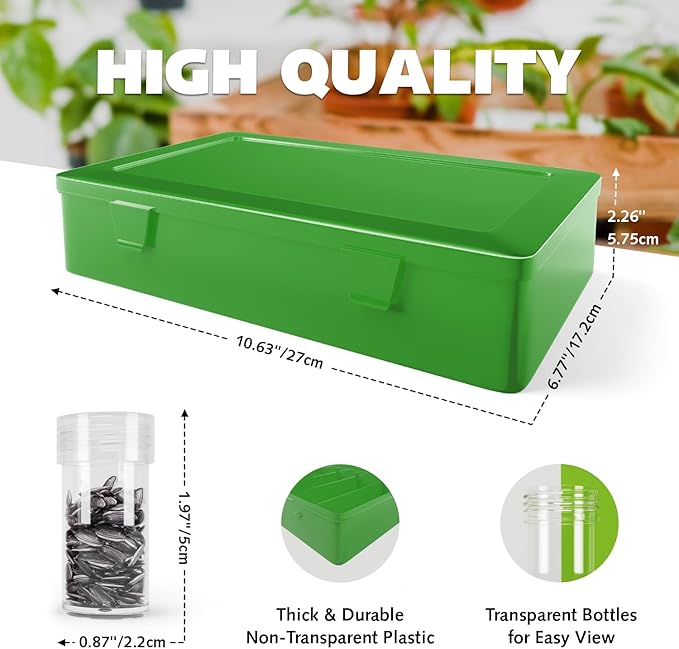 Seed Organizer Storage Box, Green Opaque Light Proof Seed Bank with 60 Transparent Bottles & Labels, Seed Holder Packet Organizer, Seed Vault Container for Homesteaders, Garden Tackle and Sorter PLAIN