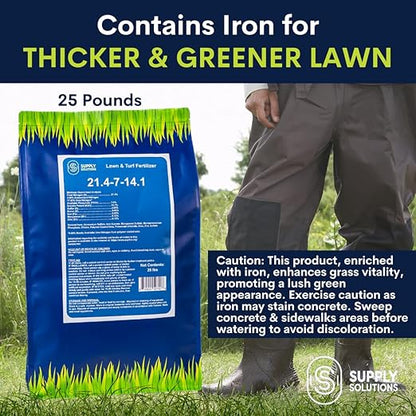 Supply Solutions 21.4-7-14.1 Lawn and Turf Fertilizer with Iron - Achieves a Lush Green Lawn in Weeks - Turf Builder for All Grass Types - for Greener Grass Fertilizer (25lbs)