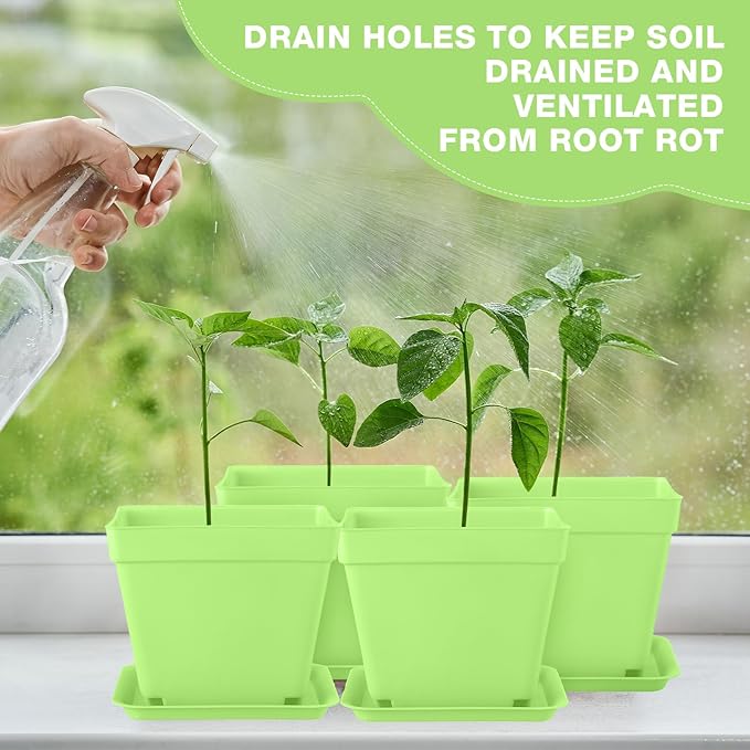 Amyhill 4 Inch Flower Pots Square Plants Nursery Pot Plastic Plant Seedling Pots Nursery Transplanting Planter Container with Saucer for Indoor Herbs Succulent Balcony Garden(Green,100 Pcs)