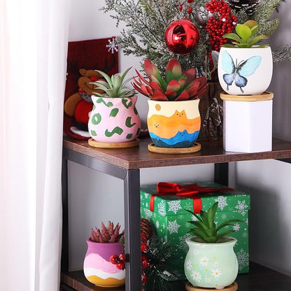 Remerry 18 Pcs 3.5 Inch Mini Succulent Pots with Bamboo Tray White Ceramic Pots Color Your Own DIY Small Planters Containers for Flower Cactus with Drainage Hole for Plant Lover