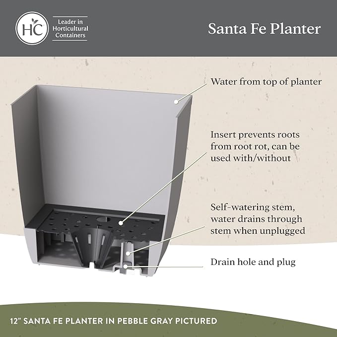 The HC Companies Santa Fe Square Self-Watering Pot - Lightweight Plastic Planter for Herbs & More - Durable Plant Pots for Indoor Plants & Outdoor Plants (12" Black Sand, Pack 2)