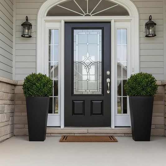 GreenShip 27 inch Tall Planters for Indoor Outdoor Plants, Set of 2 - Large Black Flower Pots with Drainage & Inner Shelf, Modern Decorative Garden Pots for Porch, Patio, Front Door