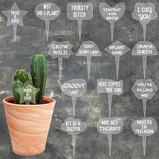 arricraft 15 Pcs T-Shaped Acrylic Plant Labels, Funny Phrases Jokes Waterproof Garden Stake Labels Transparent Funny Marker for Potted Plants Nursery Marker Decoration 4×2.68inch