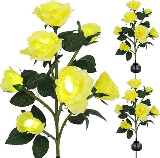Solar Rose Lights Outdoor, 2 Pack with 14 Rose Flowers Waterproof Color Changing LED Flower Lights, Solar Powered Garden Stakes for Yard, Patio, Pathway Decor - Artificial Floral Decorative Lighting