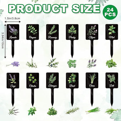 UPINS 24Pcs Acrylic Garden Herb Signs,Herb Garden Plant Labels Markers for Outdoors Black Waterproof Tags Signs with Printed Name for Indoor Outdoor Gardens Plants Potted