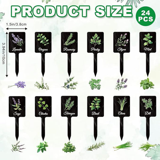 UPINS 24Pcs Acrylic Garden Herb Signs,Herb Garden Plant Labels Markers for Outdoors Black Waterproof Tags Signs with Printed Name for Indoor Outdoor Gardens Plants Potted