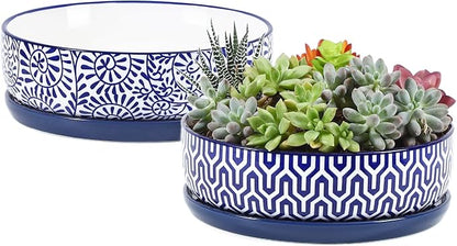 Selamica Ceramic Succulent Pots, Shallow Succulent Planters with Drainage Hole & Saucer, Indoor Plant Pots for Cactus, Home Decor，Vintage Blue, 8 inch，Set of 2