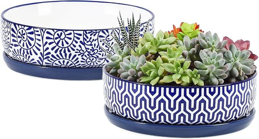 Selamica Ceramic Succulent Pots, Shallow Succulent Planters with Drainage Hole & Saucer, Indoor Plant Pots for Cactus, Home Decor，Vintage Blue, 8 inch，Set of 2