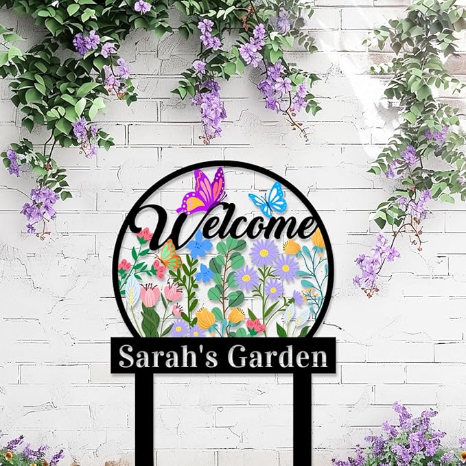 Personalized Multicolored Flowers Garden Sign with Stakes, Custom Metal Colorful Butterfly Flower Garden Stake Welcome Sign, Customized Text Outdoor Decor Yard Signs Plaque for Gardener Mom