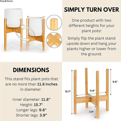 Fox & Fern Bamboo Plant Stand — 11.8 Inch Fixed Size Wooden Mid Century Planter Stand for Indoor Planters (Not Included) - Large Flower Pot Holder for Indoor Big Pots - Plug In Design - Bamboo