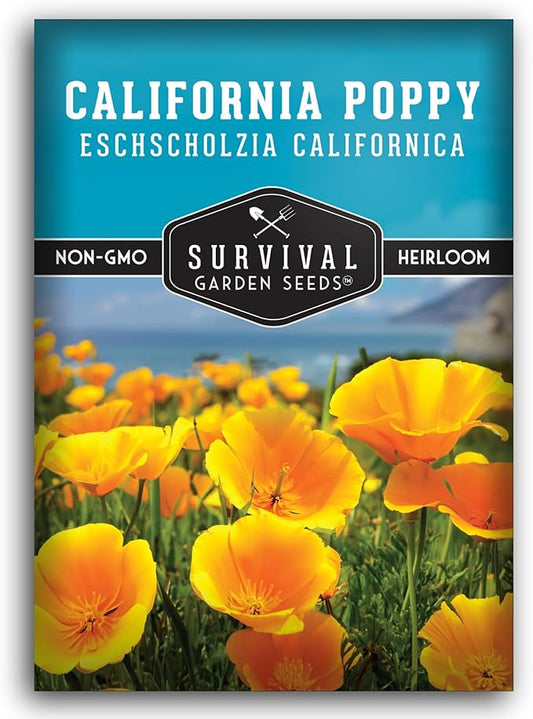 Survival Garden Seeds - California Poppy Seeds for Planting - 1 Packet with Instructions to Grow Eschscholzia Californica Plants in Your Home Flower Garden - Non-GMO Heirloom Wildflower Variety