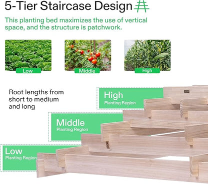 VIVOSUN 5-Tier Wooden Raised Garden Bed, 42 x 42 x 14 Inches, Outdoor Wood Planter Box with Gloves and Liner for Garden, Patio, Balcony, Backyard and Outdoors