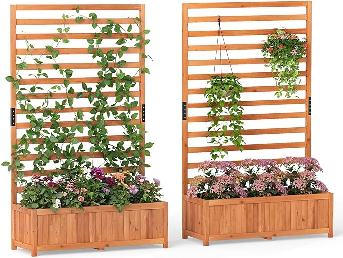 HAPPYGRILL Raised Garden Bed with Trellis, 59" Tall Wooden Elevated Planter Box w/Liner, Drainage, Detachable Base Panel for Climbing Plant Vine Flower, Outdoor Planter w/Trellis for Patio (2)