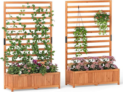 HAPPYGRILL Raised Garden Bed with Trellis, 59" Tall Wooden Elevated Planter Box w/Liner, Drainage, Detachable Base Panel for Climbing Plant Vine Flower, Outdoor Planter w/Trellis for Patio (2)