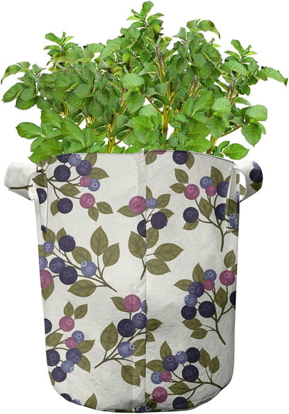 Lunarable Berries Grow Bags 5-Pack, Vintage Garden Branches, Heavyduty Fabric Pots with Handles for Plants, Ivory Purple