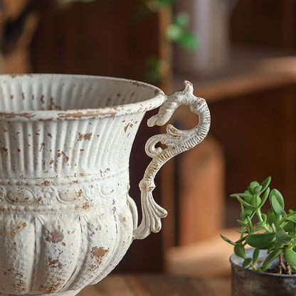 Balcony Vintage Style Distressed White Metal Indoor Outdoor and Garden Planter European Retro Rustic Shabby Chic Iron Flower Pot with Handle for Home Decor