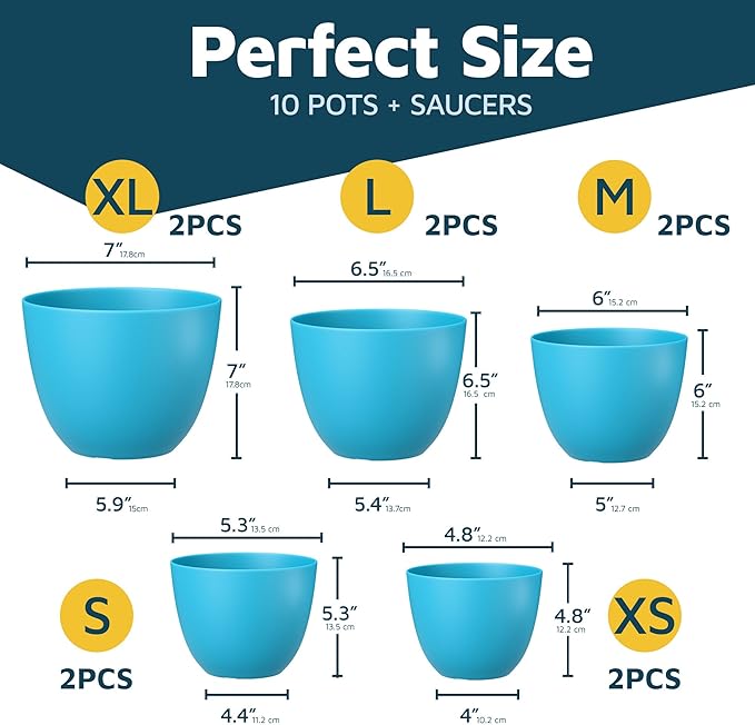 Blue Plant Pots with Drainage Holes & Saucers 10 Pack, Indoor & Outdoor Stackable Space-Saving Planters for Houseplants & Flowers, (7", 6.7", 6", 5.3", and 4.8" Inches), Durable & Weatherproof