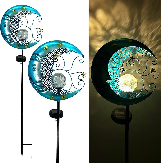 Solar Garden Lights Outdoor Waterproof Pathway Lights Moon Lantern with Crackle Glass Glass Globe Led Warm Light for Walkway,Backyard,Patio,Lawn,Pathway Decoration（Blue）