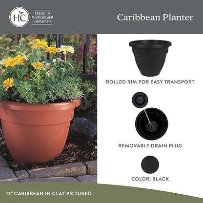 The HC Companies 30 Inch Caribbean Planter Pots with Drainage & Plug, Rolled Rim Plastic Planters for Indoor & Outdoor Plants, 1-Pack Decorative Flower Pots for Garden, Office & Home Decor, Black
