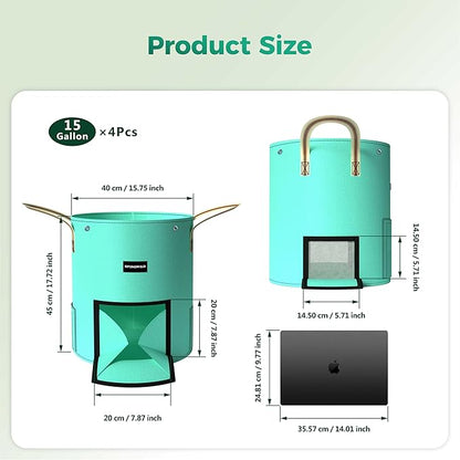4 Pack 15 Gallon Potato Grow Bags, PE Garden Planter Bag with Breathable Screen Windows and Reinforced Handles, Ideal for Potatoes, Tomatoes, Carrots and Onions