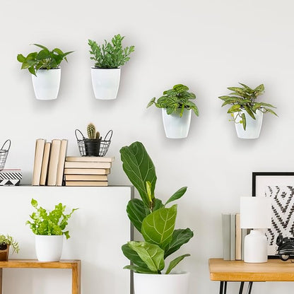 MyGift 5 Inch Wall Mounted Modern White Plastic Self Watering Planter Pots, Small Hanging Double Layer Wall Planter, Tabletop Mini Plant Container for Herb Succulent Cactus Flower, Set of 4